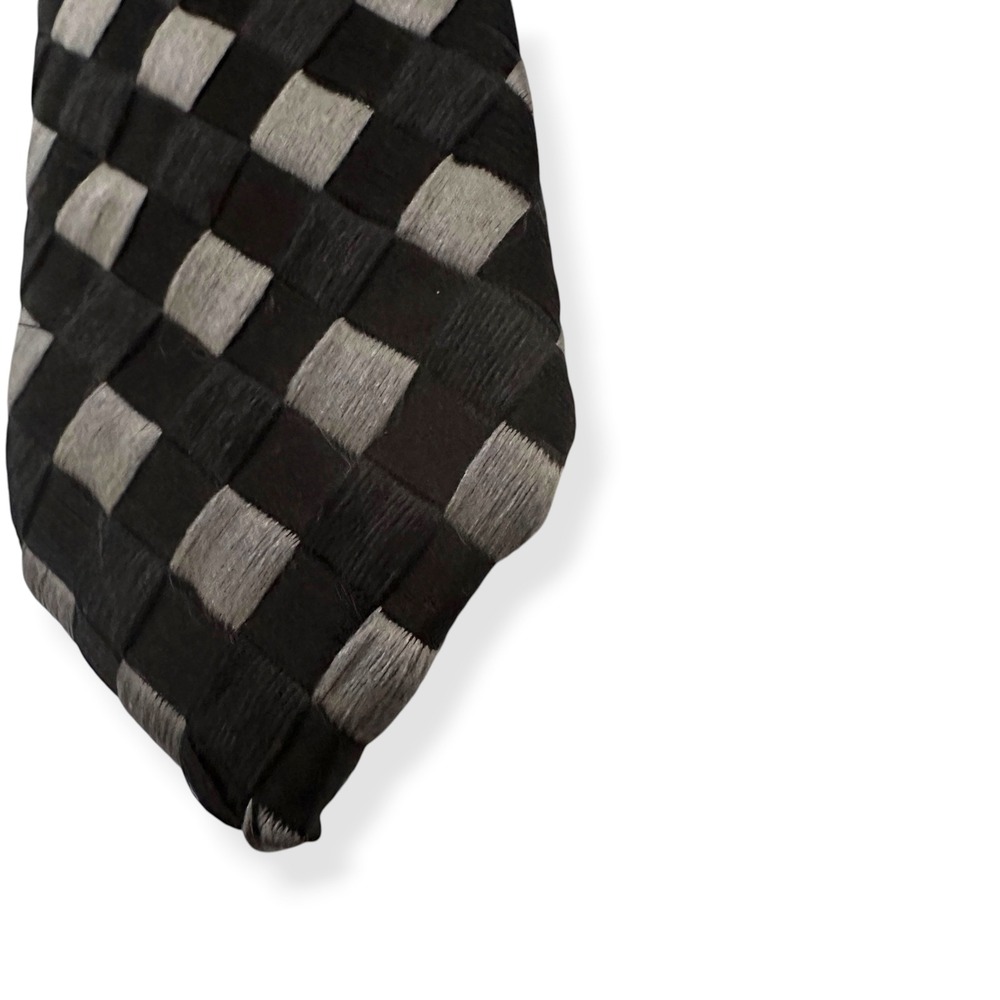 Yves Saint Laurent Rive Tie Silk Black Silver Checkered Textured Designer Men OS - Picture 7 of 7